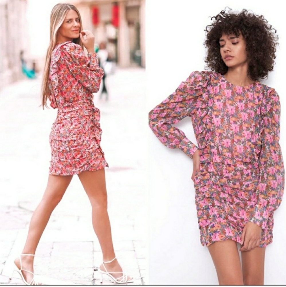 Zara Floral Draped Ruffle Pink Mini Puff Sleeve Dress Size XL